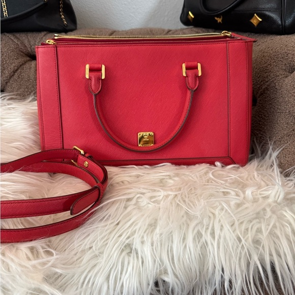MCM Handbags - MCM Red Satchel Bag with Gold Accents
